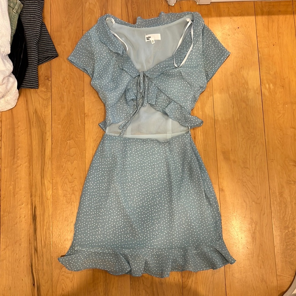 Revolve dress. Light blue with white polka dots and cut out front